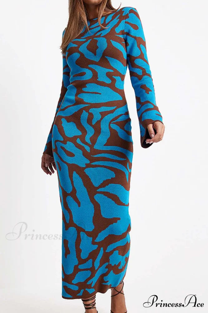 Long Sleeve Knitted Dress with Contrast Color Blue / S