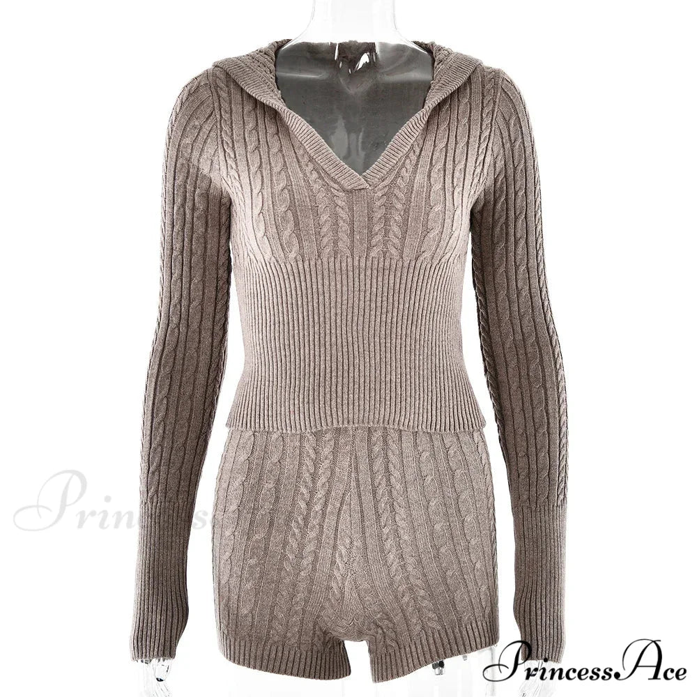 Long Sleeve Knitted V-Neck Graceful Hooded Sweater And Shorts Set