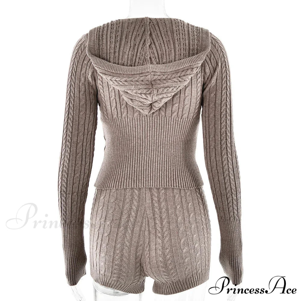Long Sleeve Knitted V-Neck Graceful Hooded Sweater And Shorts Set