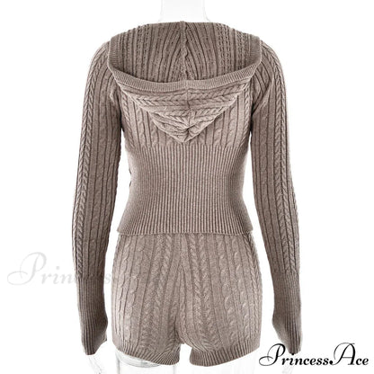 Long Sleeve Knitted V-Neck Graceful Hooded Sweater And Shorts Set