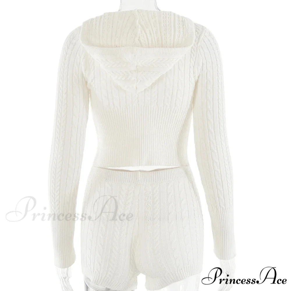 Long Sleeve Knitted V-Neck Graceful Hooded Sweater And Shorts Set