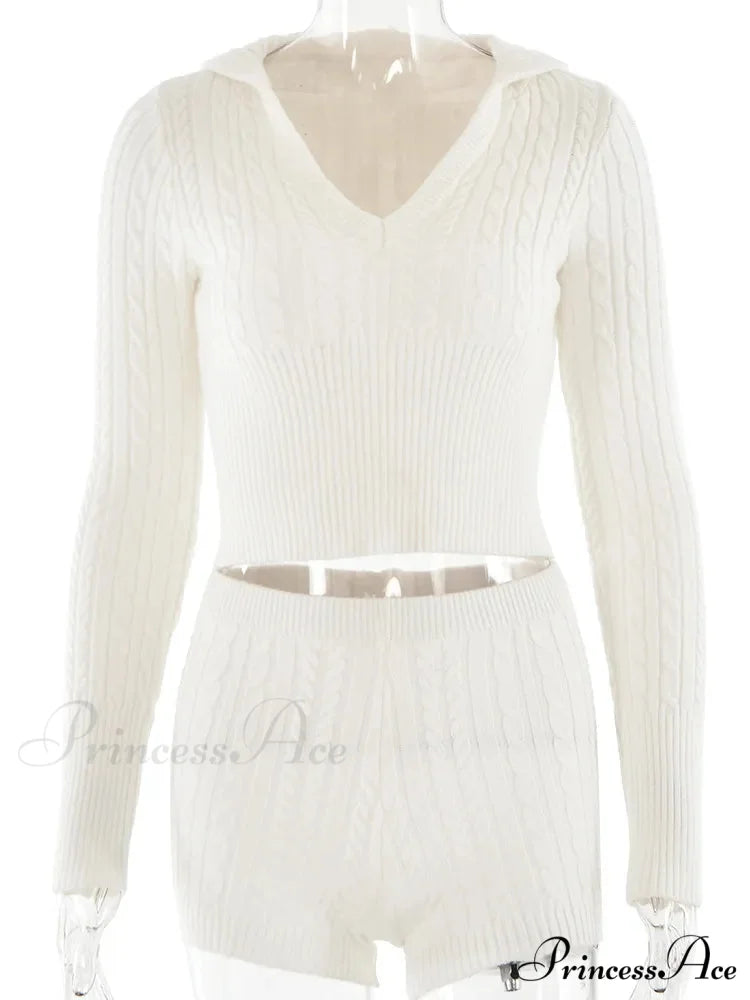 Long Sleeve Knitted V-Neck Graceful Hooded Sweater And Shorts Set