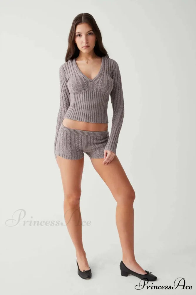 Long Sleeve Knitted V-Neck Graceful Hooded Sweater And Shorts Set