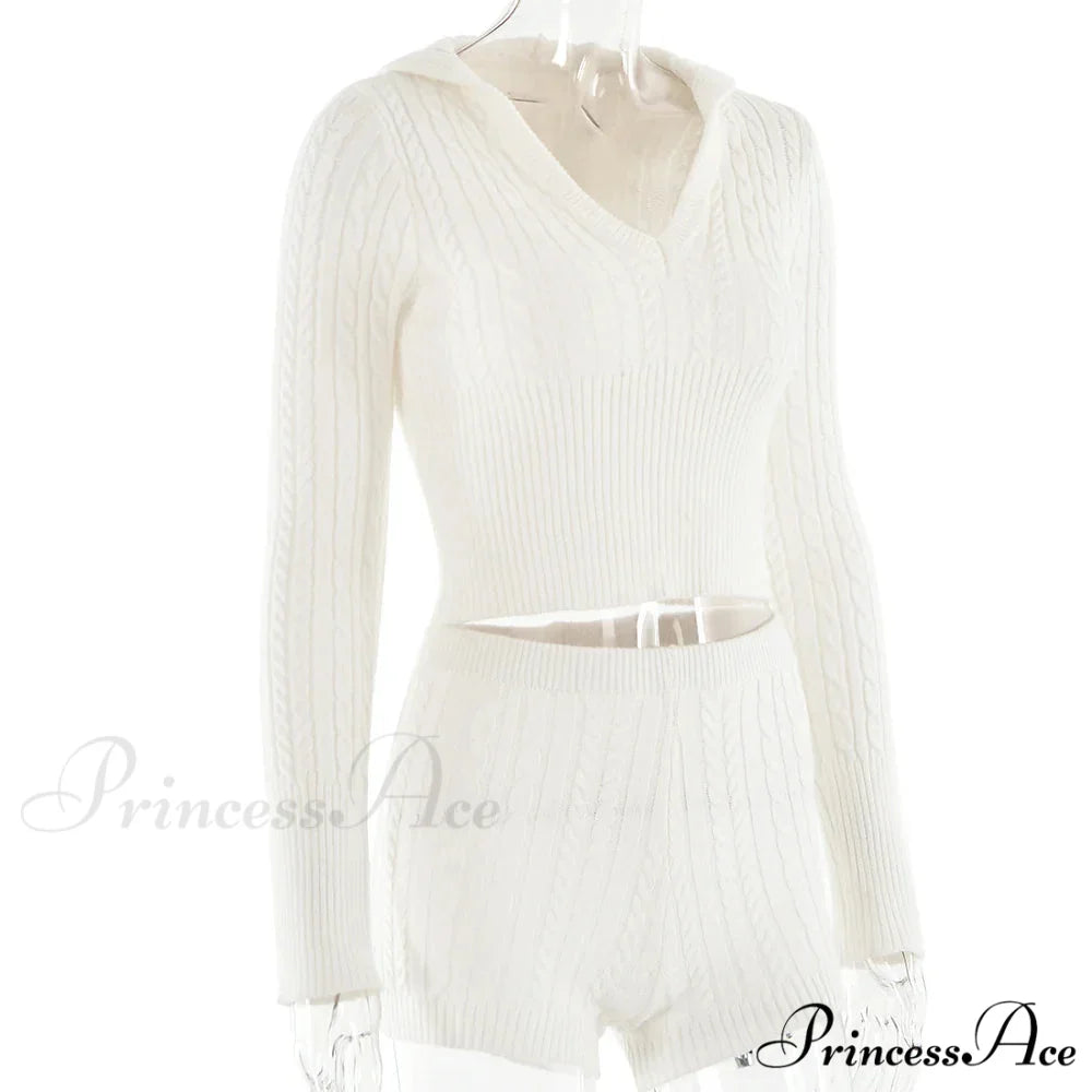Long Sleeve Knitted V-Neck Graceful Hooded Sweater And Shorts Set