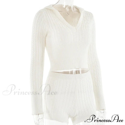 Long Sleeve Knitted V-Neck Graceful Hooded Sweater And Shorts Set
