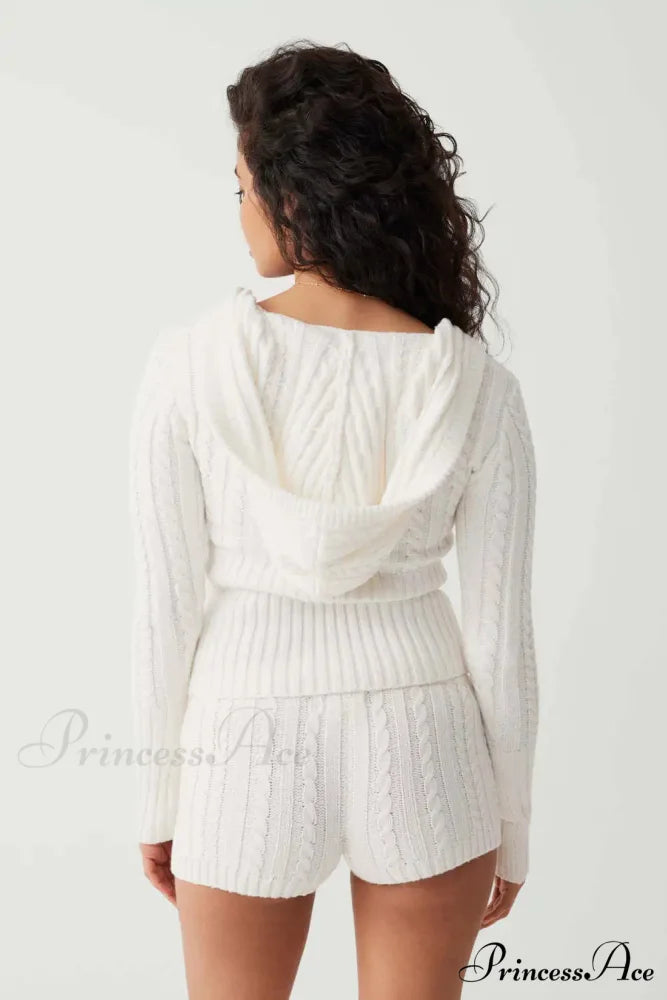 Long Sleeve Knitted V-Neck Graceful Hooded Sweater And Shorts Set