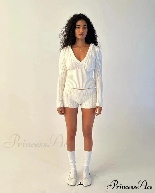 Long Sleeve Knitted V-Neck Graceful Hooded Sweater And Shorts Set