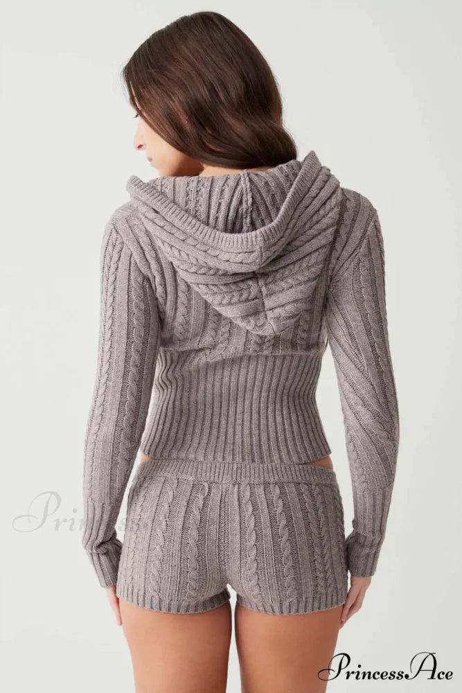Long Sleeve Knitted V-Neck Graceful Hooded Sweater And Shorts Set