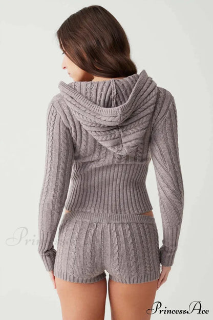 Long Sleeve Knitted V-Neck Graceful Hooded Sweater And Shorts Set