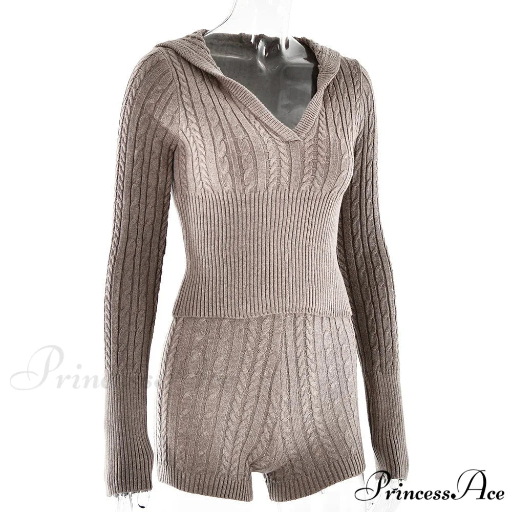 Long Sleeve Knitted V-Neck Graceful Hooded Sweater And Shorts Set