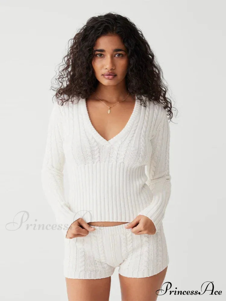 Long Sleeve Knitted V-Neck Graceful Hooded Sweater And Shorts Set White / M