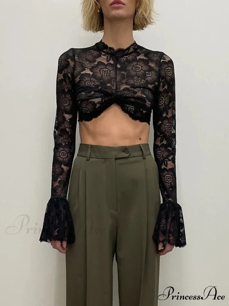 Long Sleeve Lace Charming Mesh Crop Top Black / S