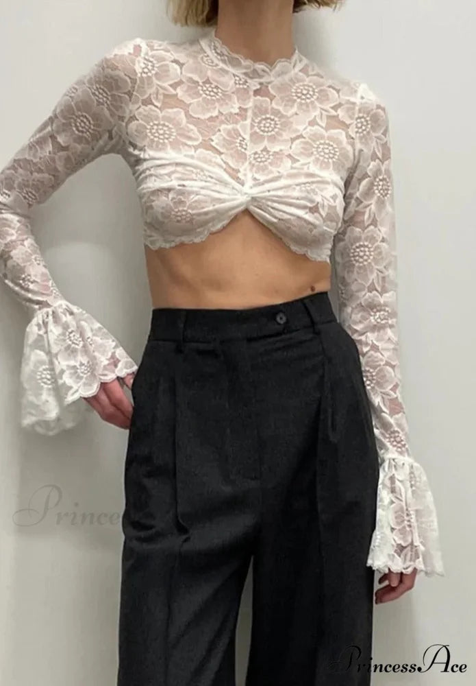 Long Sleeve Lace Charming Mesh Crop Top White / S