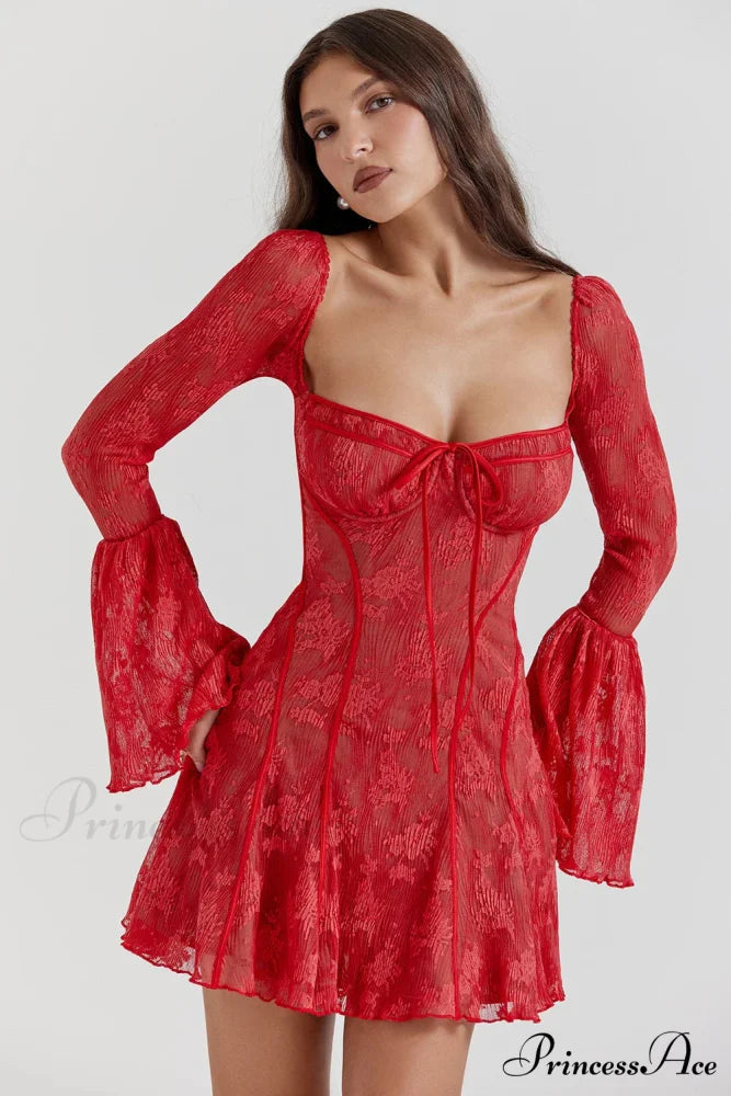 Long Sleeve Lace Charming Square Neck Mini Dress