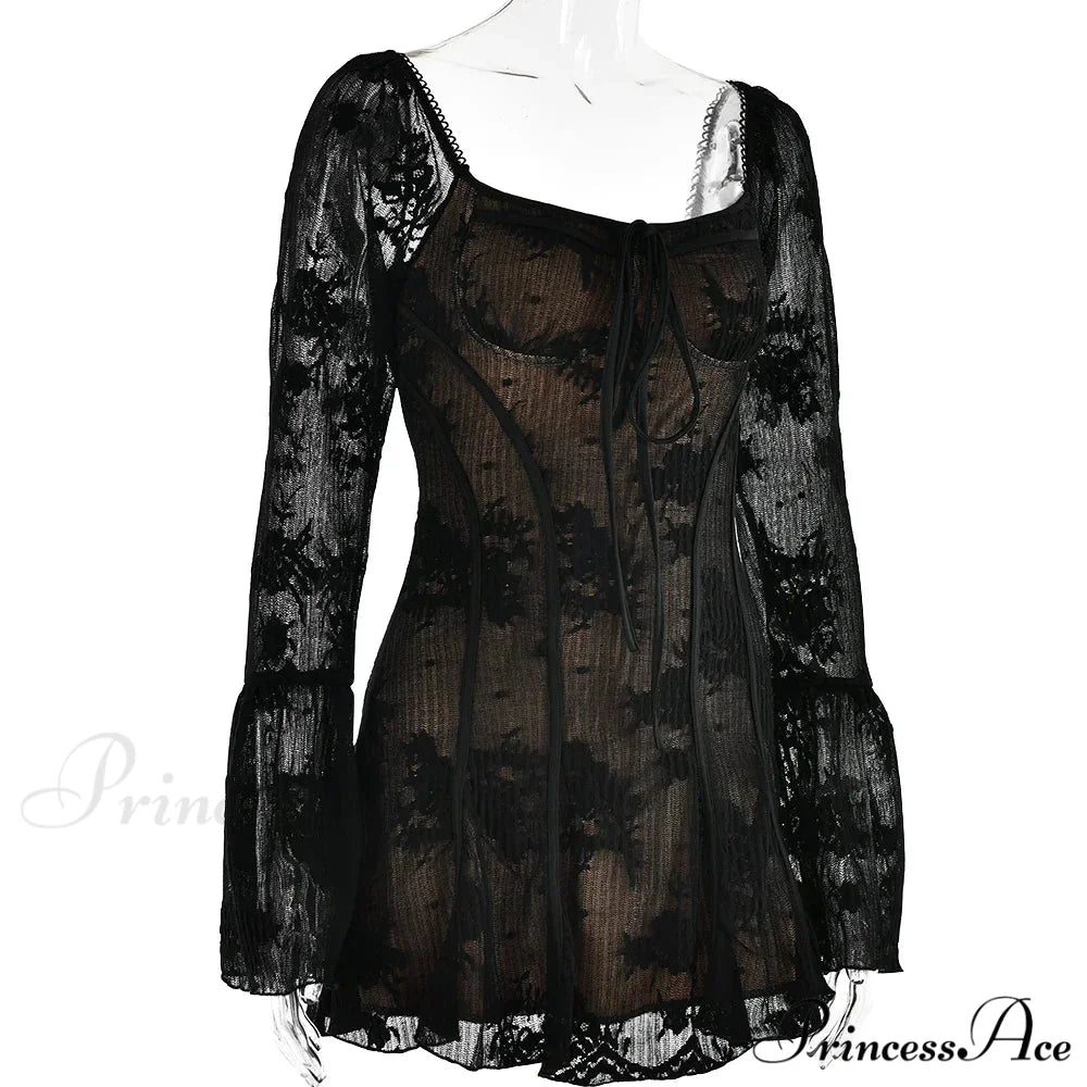 Long Sleeve Lace Charming Square Neck Mini Dress