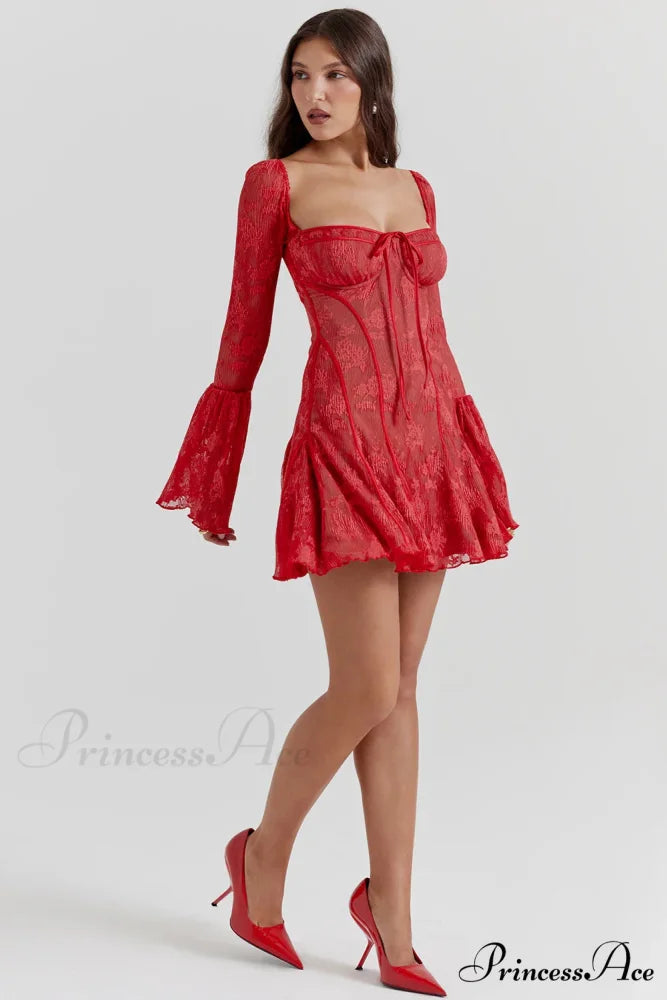 Long Sleeve Lace Charming Square Neck Mini Dress