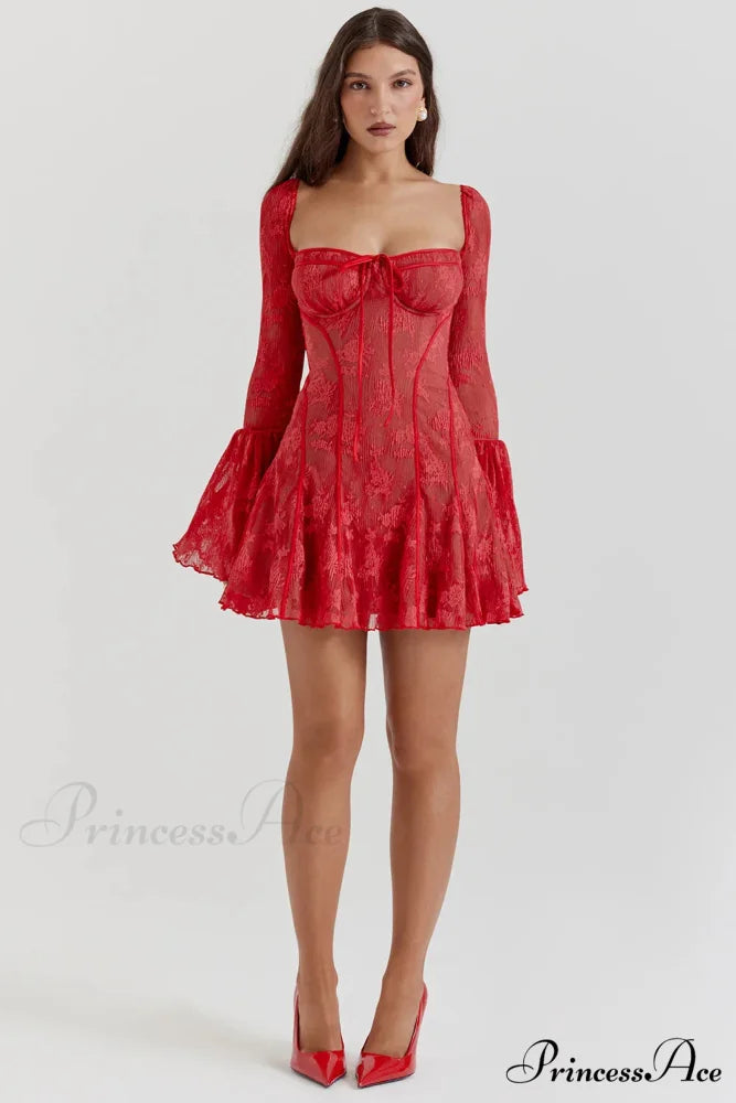 Long Sleeve Lace Charming Square Neck Mini Dress