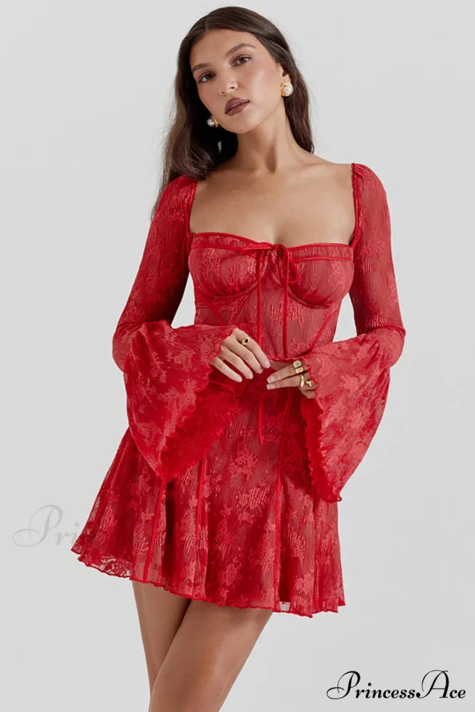 Long Sleeve Lace Charming Square Neck Mini Dress