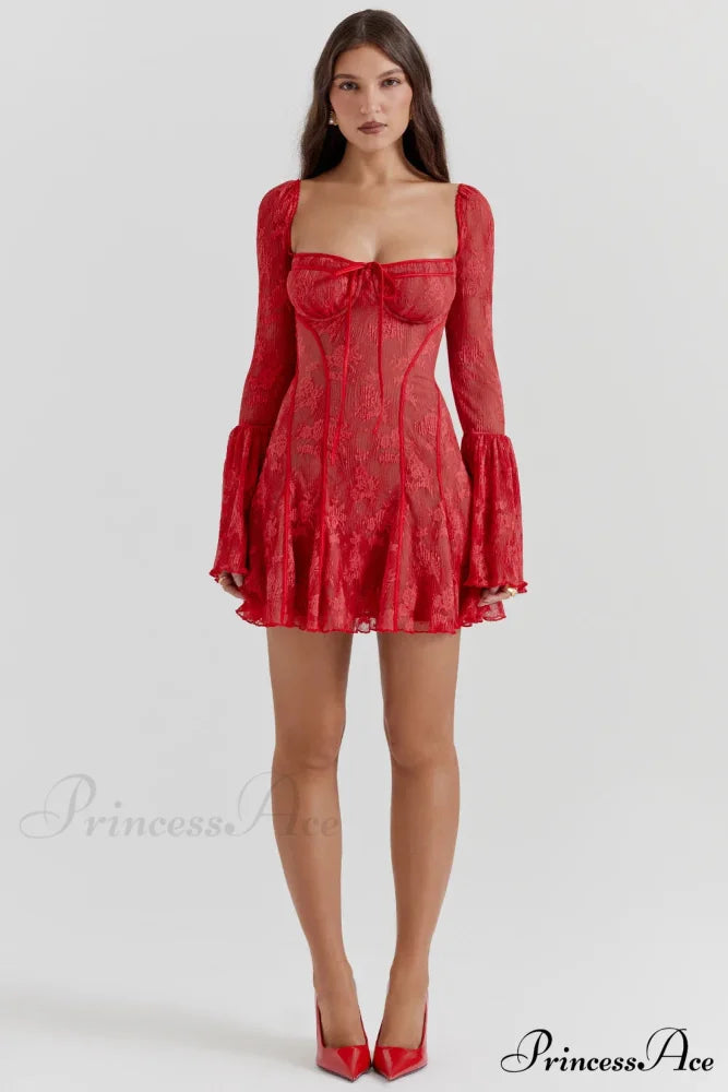 Long Sleeve Lace Charming Square Neck Mini Dress