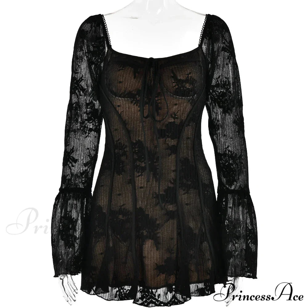 Long Sleeve Lace Charming Square Neck Mini Dress Black / S