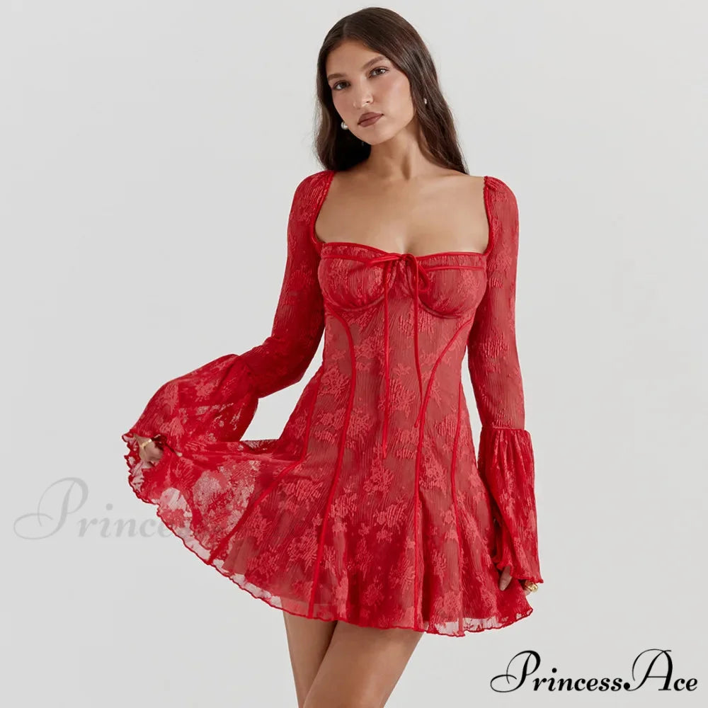 Long Sleeve Lace Charming Square Neck Mini Dress Red / S