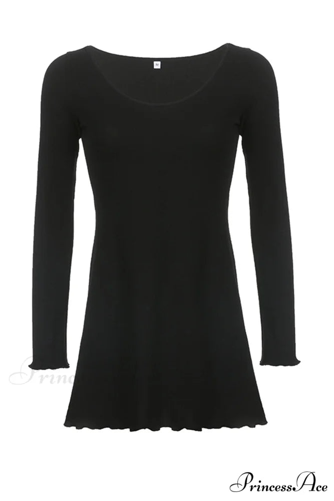 Long Sleeve Lacework Hem Dress with Round Neck