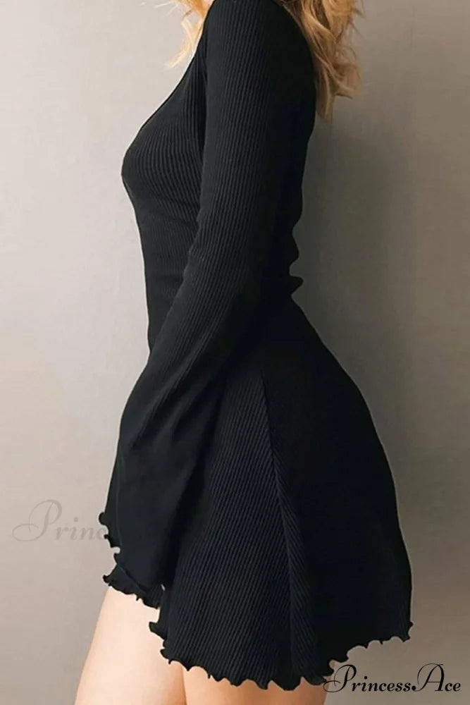 Long Sleeve Lacework Hem Dress with Round Neck Black / L
