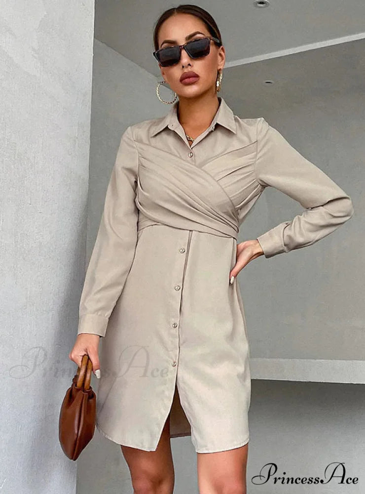 Long Sleeve Lapels Dress with Wrap Detail