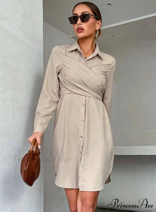 Long Sleeve Lapels Dress with Wrap Detail