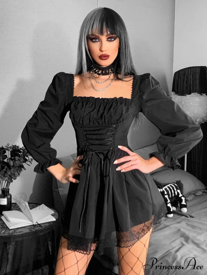 Long Sleeve Lolita Black Puff Sleeve High Waist Vintage Bandage Lace Trim Party Dress Black / S