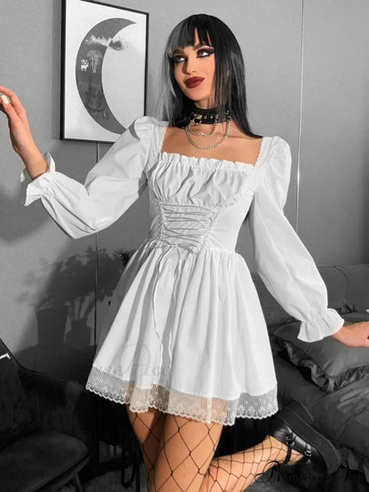 Long Sleeve Lolita Black Puff Sleeve High Waist Vintage Bandage Lace Trim Party Dress WHITE / S