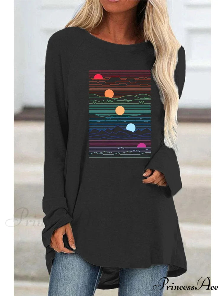 Long Sleeve Loose Casual Printing T-shirt Black / XS