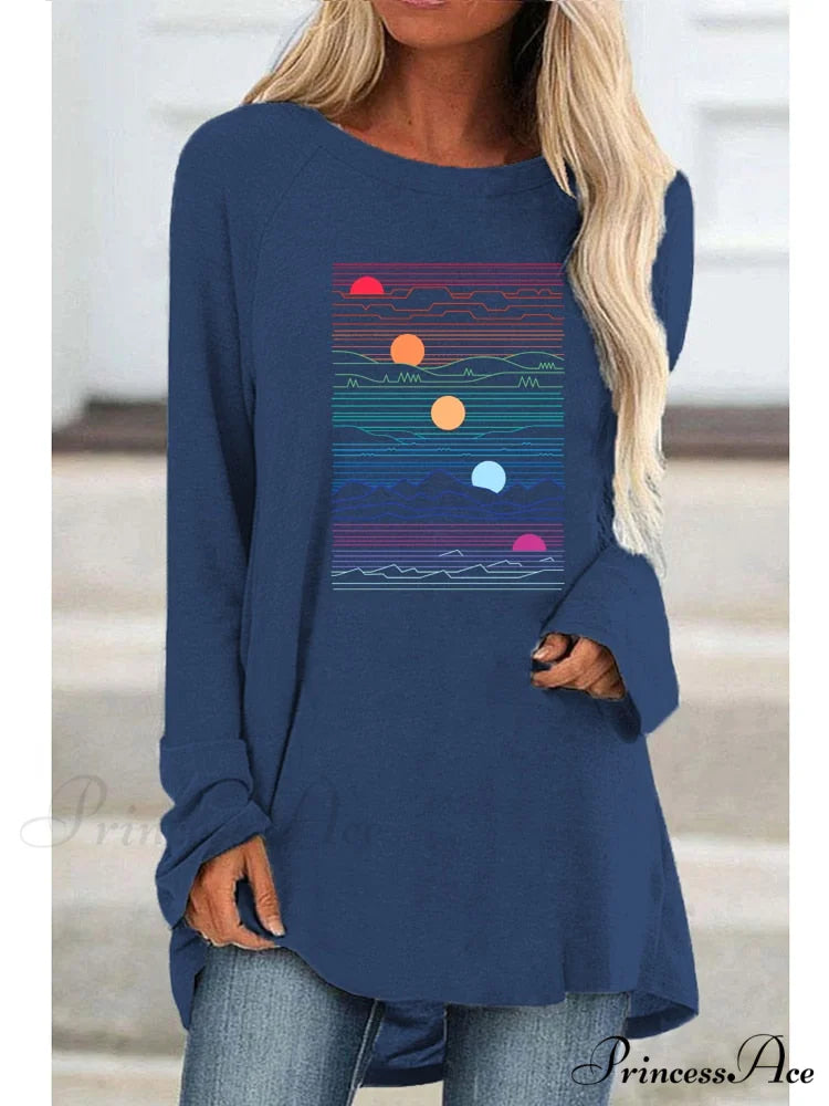 Long Sleeve Loose Casual Printing T-shirt Blue / XS