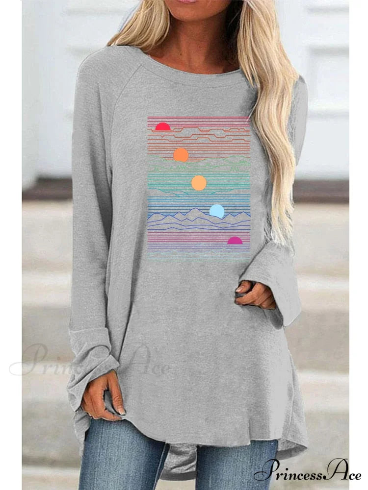 Long Sleeve Loose Casual Printing T-shirt Gray / XS