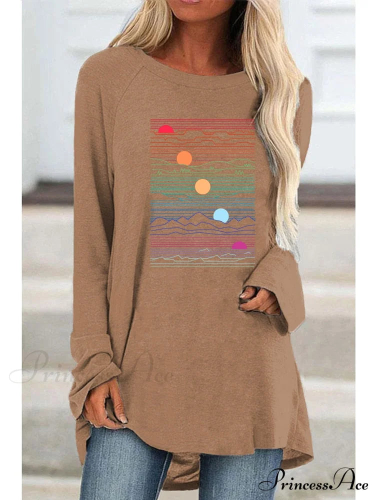 Long Sleeve Loose Casual Printing T-shirt Khaki / XS