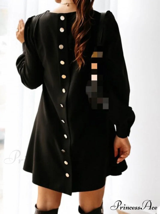 Long Sleeve Loose O-neck Button Solid A-line Elegant Dresses black / M
