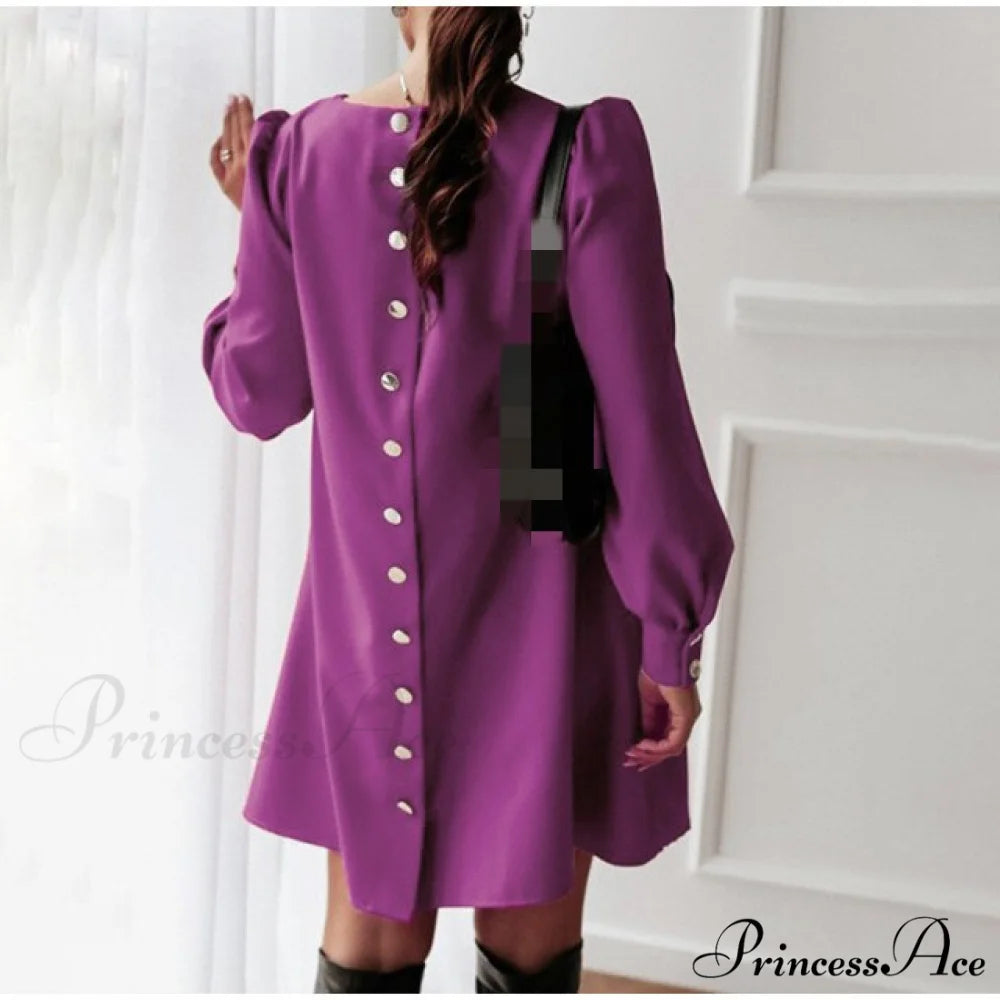 Long Sleeve Loose O-neck Button Solid A-line Elegant Dresses Purple / M