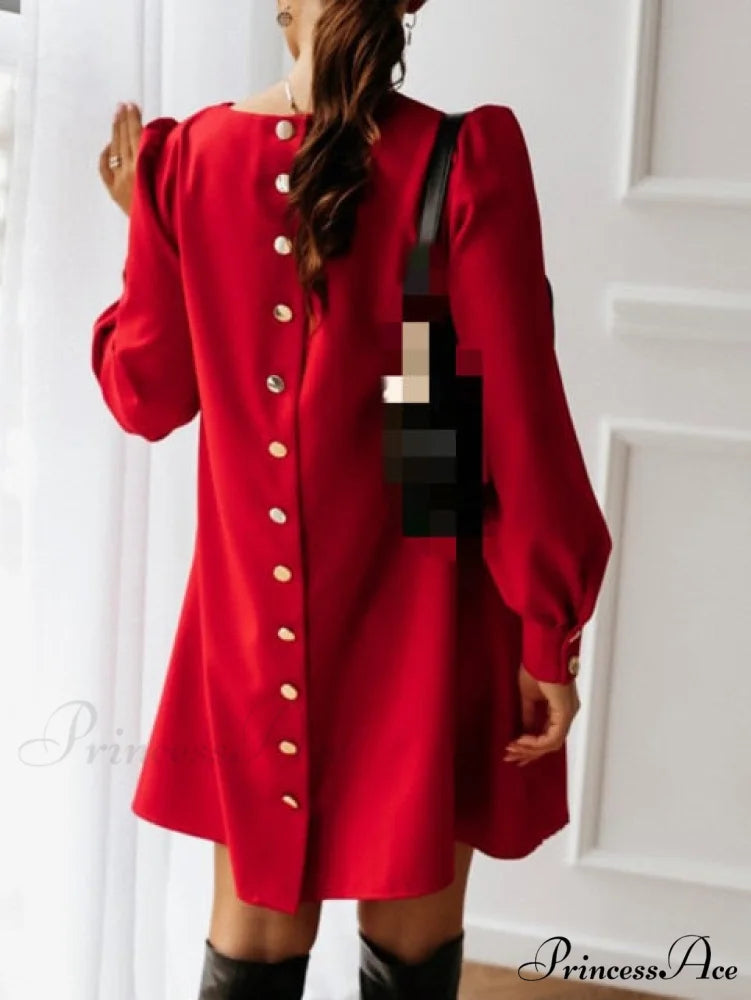 Long Sleeve Loose O-neck Button Solid A-line Elegant Dresses Red / M