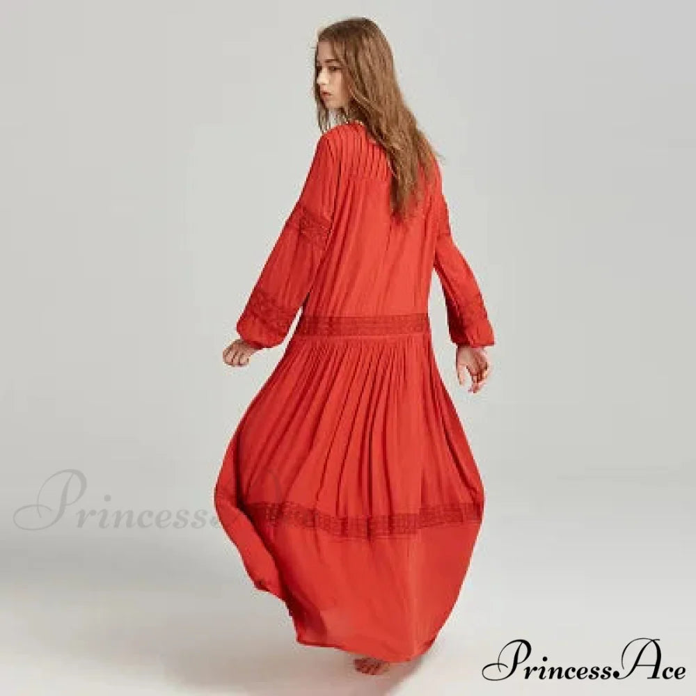Long Sleeve Maxi Dress Crimson Floral Embroidery Fringe Boho Dress bohodress-250126