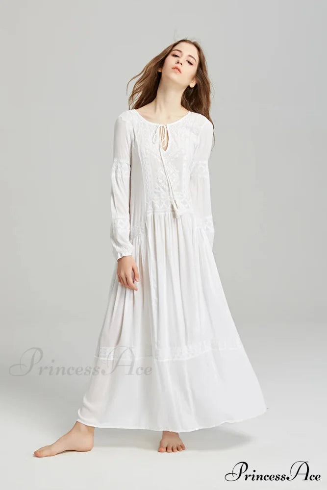 Long Sleeve Maxi Dress Crimson Floral Embroidery Fringe Boho Dress bohodress-250126