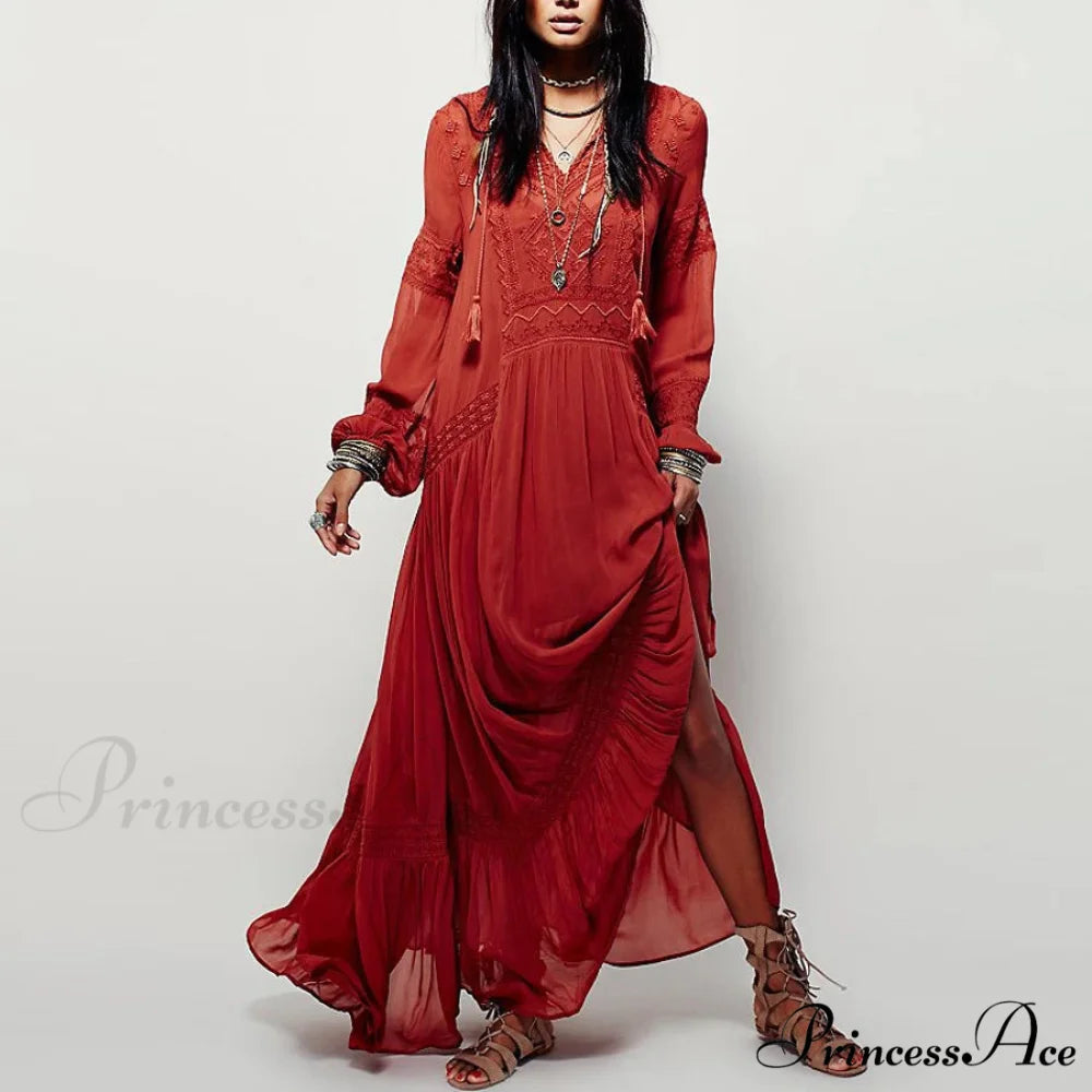 Long Sleeve Maxi Dress Crimson Floral Embroidery Fringe Boho Dress bohodress-250126