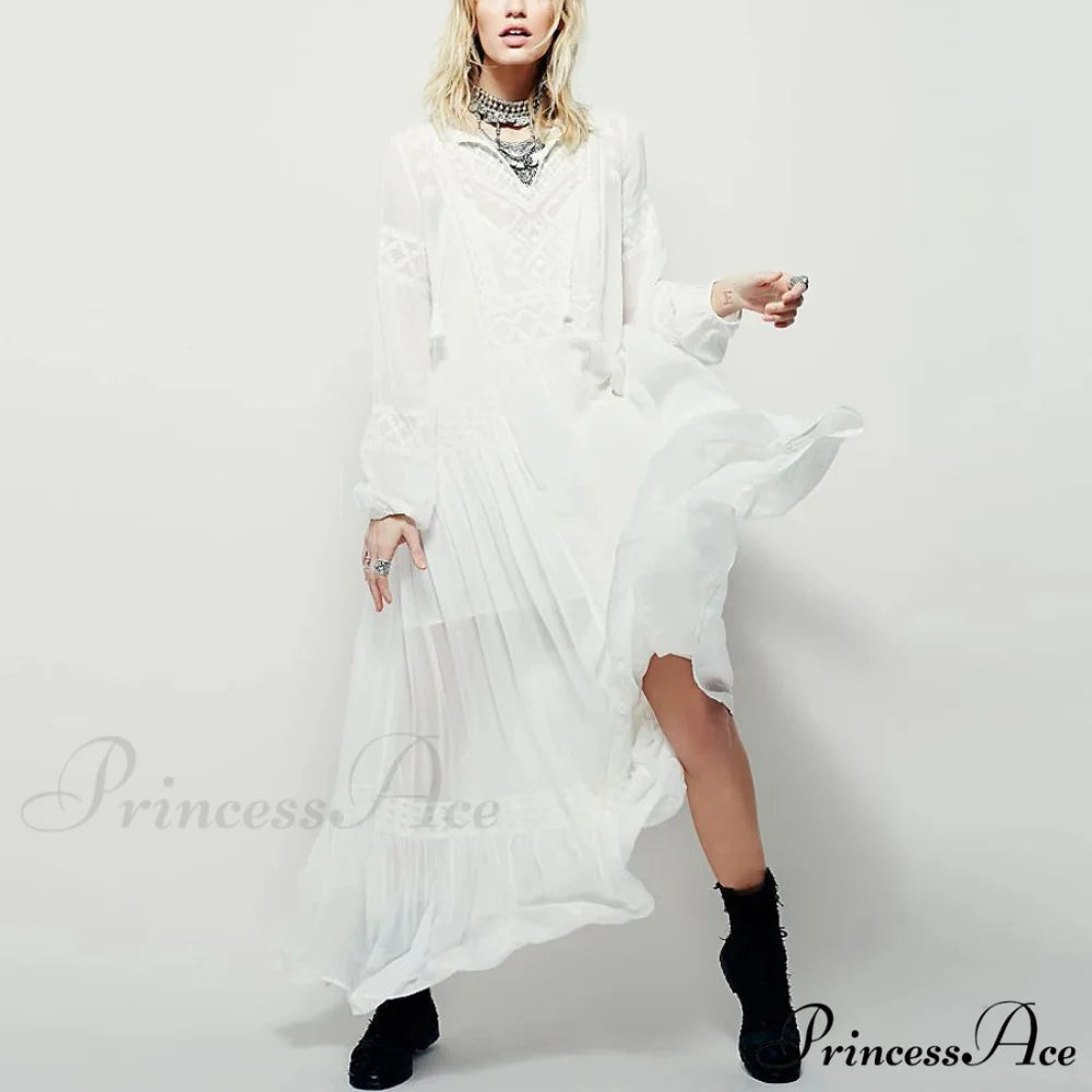 Long Sleeve Maxi Dress Crimson Floral Embroidery Fringe Boho Dress bohodress-250126