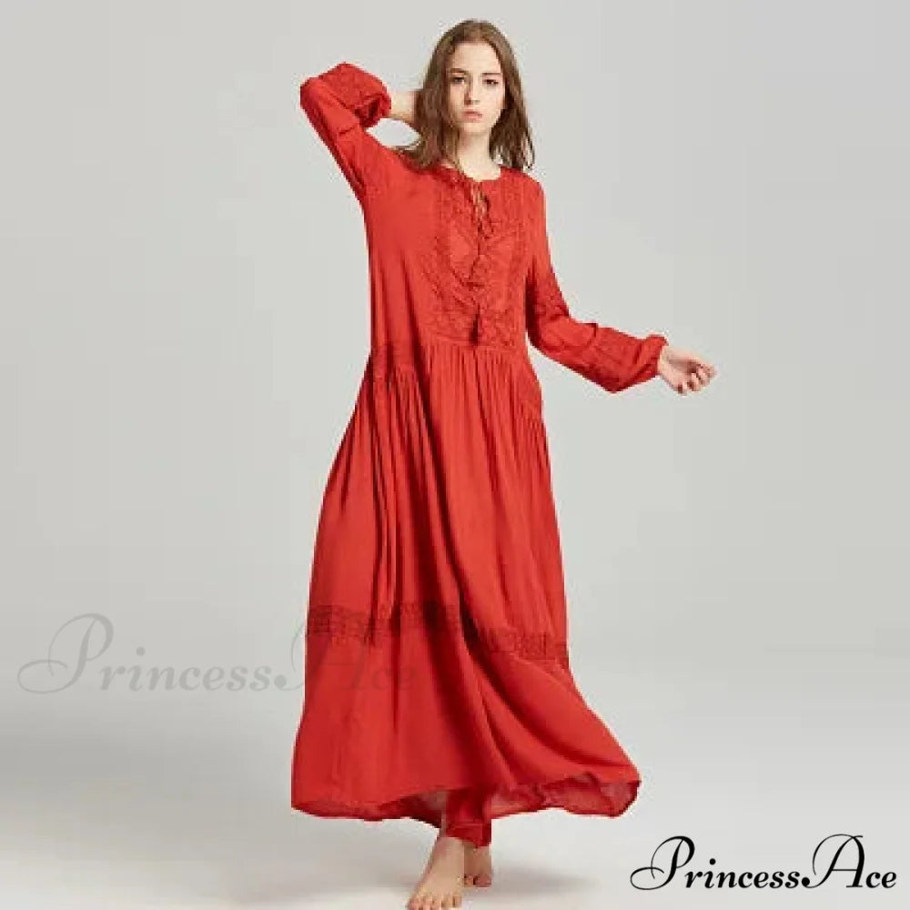 Long Sleeve Maxi Dress Crimson Floral Embroidery Fringe Boho Dress Red / S bohodress-250126