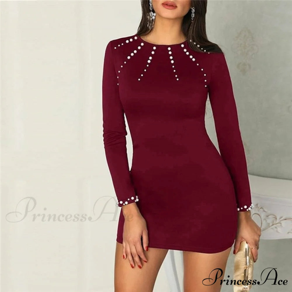 Long Sleeve O-neck Elegant Solid Slim Mini Dress