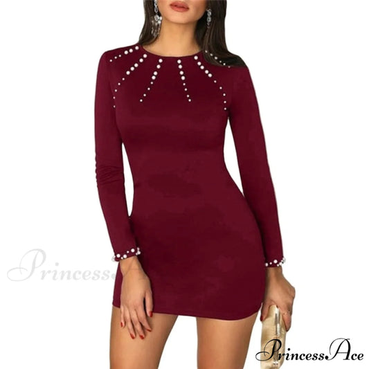 Long Sleeve O-neck Elegant Solid Slim Mini Dress wine red / M