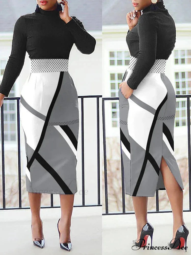 Long Sleeve O-neck Print Elegant Slim Penclil Dress