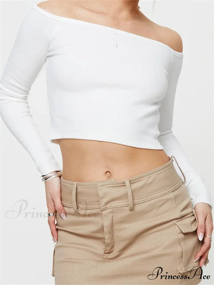 Long Sleeve Off-shoulder Solid Slim Fit Ribbed Hollow Out T-Shirts WHITE / S
