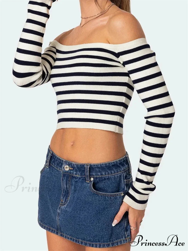 Long Sleeve Off-shoulder Striped Exposed Navel T-Shirts
