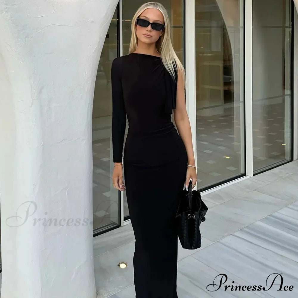 Long Sleeve One Shoulder Graceful Tie Up Bodycon Maxi Dress