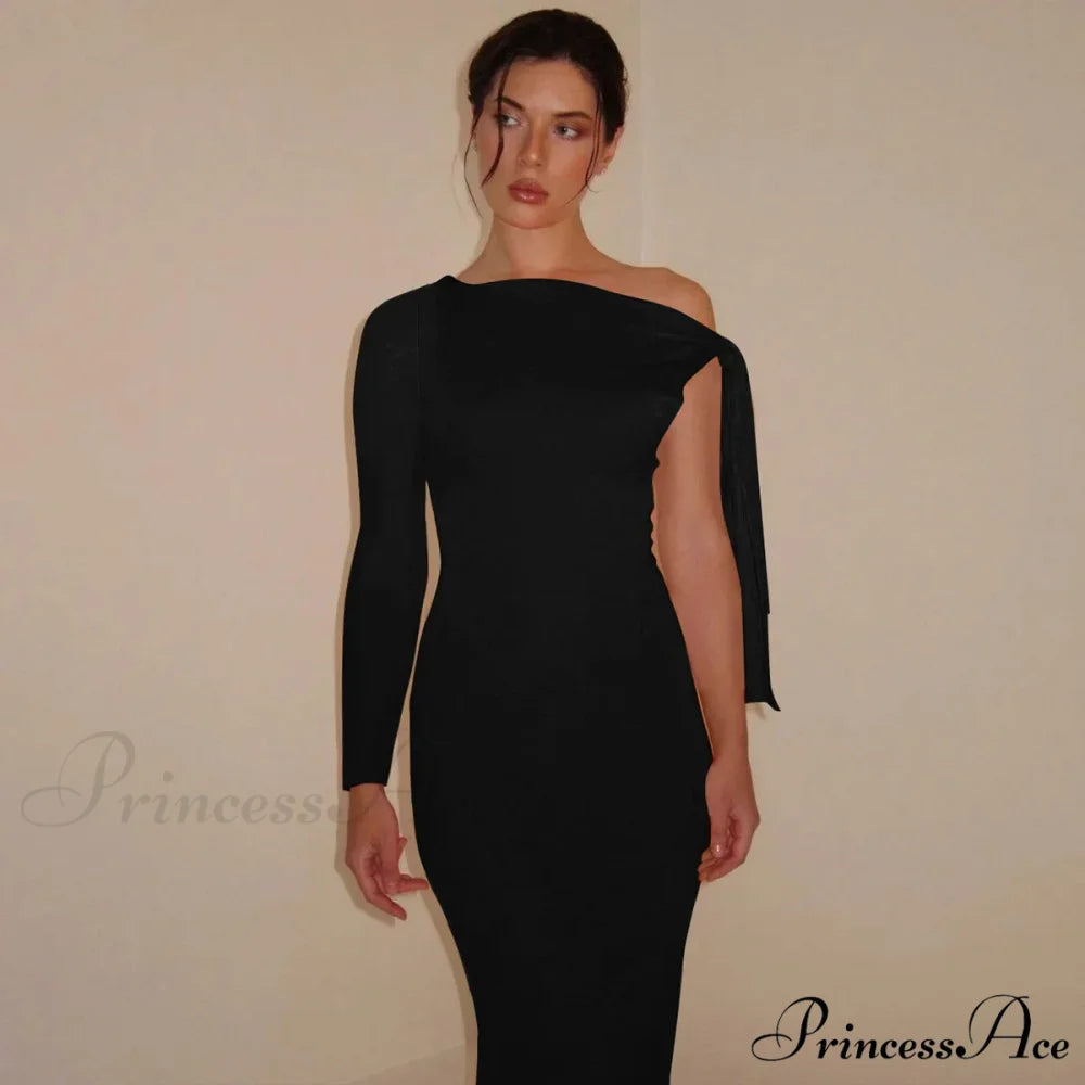 Long Sleeve One Shoulder Graceful Tie Up Bodycon Maxi Dress